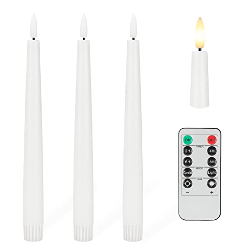 Image of Flameless Taper Candles with 3D Wick, 9.6 inch Real Wax LED Candles with Remote and Timer, 3 Pack Flickering Candlesticks Battery Operated, Classic Tall Taper Candles for Home, Wedding, Party, White