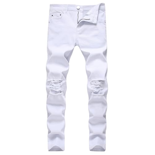 Jeans Pants Trousers Denim Men Stretch Slim Fit Street Trendy Punch Black and White Tight Casual Tapered Small Leg(White,33)