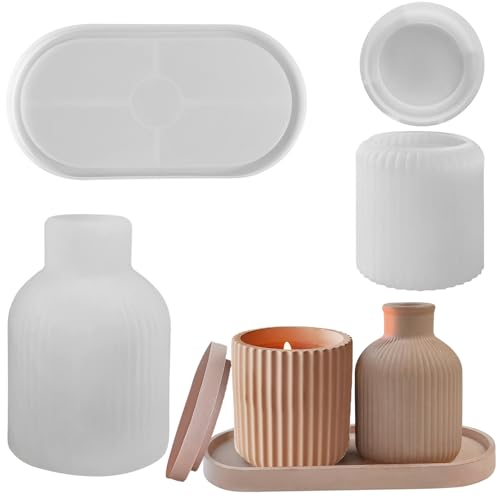 Lxoraziy Moules Silicone 3 Pièces Vase, Bougeoir & Plateau – Kit Réutilisable pour Résine, Béton, Cire – Créations DIY Déco & Cadeaux...