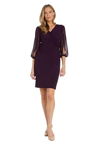 Image of Elegant Mini Cocktail Dress W /Sheer Rhinestone Balloon Sleeves
