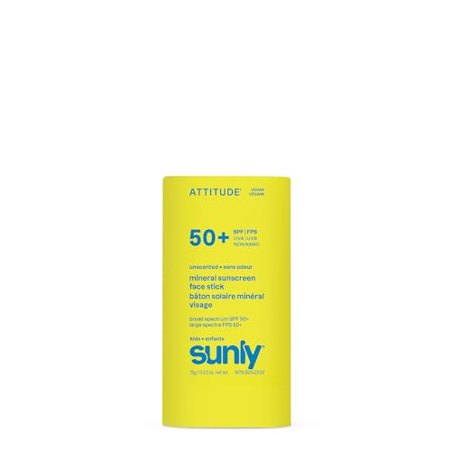 ATTITUDE Kids Mineral Sunscreen Face Stick SPF 50, Broad Spectrum Zinc Oxide, EWG Verified, Non-Nano, Gentle Lightweight Non-Greasy, Vegan, Unscented, 0.53 oz