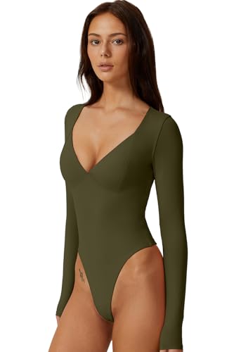 Image of QINSEN Women's Long Sleeve Bodysuit V Neck Body Suits Seamed Cup Going Out Tops Shirt