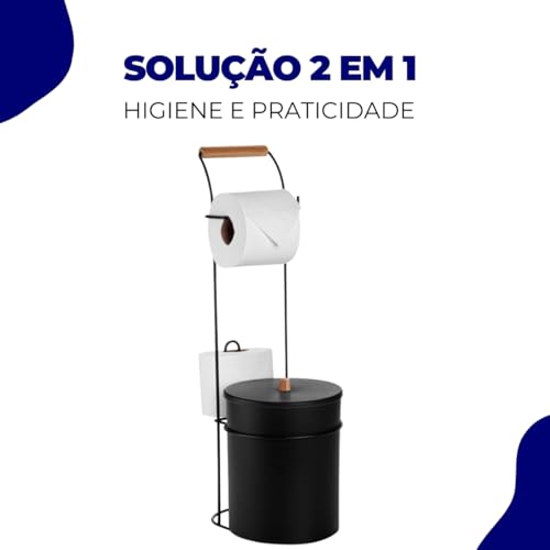 Suporte Porta Papel Higiênico Com Lixeira de Chão Banheiro Lavabo Eco Design Preto