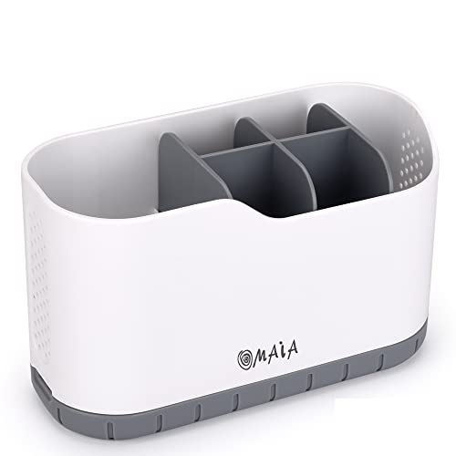 OMAIA Sink Caddy - Sink Organizer for Home, Kitchen, Wash Basin - Holder with Removable Dividers for Sponge, Brush, Toothbrush… White