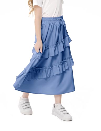 Image of Girls High Waisted Ruffle Maxi Skirt Soft Cotton Long Skirts with Elastic Waistband for Kid Girl 3-12 Years