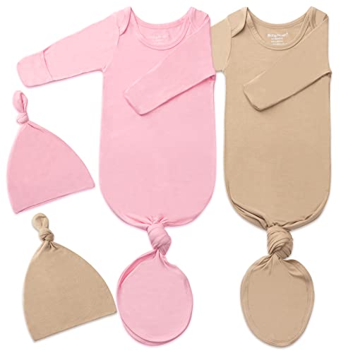 Image of 2Pk Newborn Baby Knotted Gown, Super Soft Silky Infant Long Sleeve Sleeper for Baby Sleeping with Hat or Headband (2 Packs)