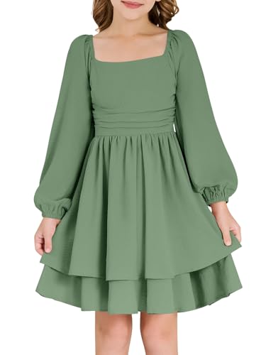 Girls Fall Dress Long Sleeve Dresses Smocked Ruched Square Neck Tiered Flowy Casual Formal Tween Dress 5-14 Years