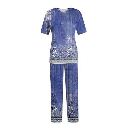 Nurse-Scrubs-for-Women-Set-Printed-Short-Sleeve-Tops-Pant-Nursing-Uniform-Suits-Stretch-Medical-Set-with-Pocket