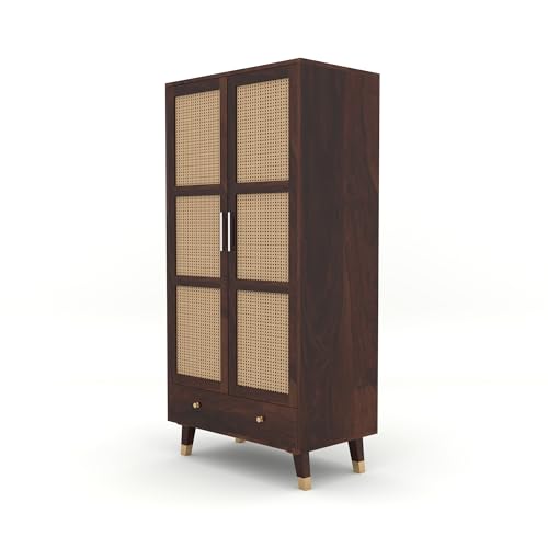 Image of Solid Sheesham Wood 2 Door Wardrobe with Rattan Cane Work & 3 Drawer | Rosewood Almirah for Bedroom Storage (Walnut Finish)