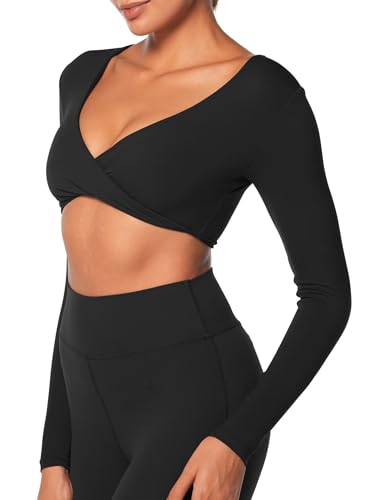 Sunzel Women's Long Sleeve Crop Top Buttery Soft Deep V Twist Workout Tee with Compression for Yoga Pilates Gym2