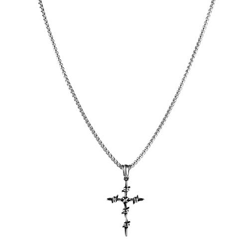 HZMAN Men's Vintage Silver Nail Cross Punk Gothic Stainless Steel Barbed Wire Pendant Necklacee 22+2 Inch4