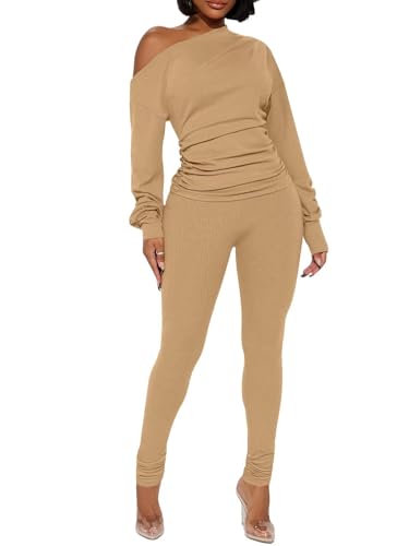 Sexy 2 Piece Outfits for Women One Off Shoulder Tops Ribbed Pant ...