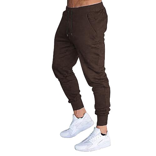 BUXKR Men's Slim Joggers Workout Pants for Gym Running and Bodybuilding Athletic Bottom Sweatpants with Deep Pockets,Brown,XL