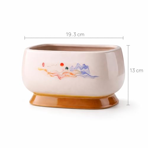 Image of Xtore Refined Artistic Oval Ceramic Planter Pot for Indoor & Outdoor Decor | Minimal Painted Landscape Flower Pot for Living Room, Balcony, Desk & Shelf Styling (19.3 cm x 13 cm) (Planter only)