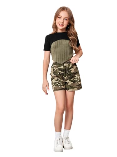 Image of GORGLITTER Girl's Summer Outfits 3 Piece Ribbed Knit Tank Top Short Sleeve Crop T Shirt Camo Shorts Sets Size 8-12 Black and Green 11Y