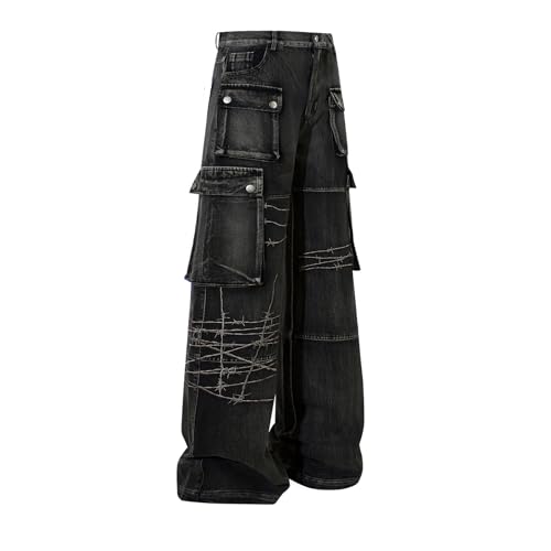 Men's Multi Pocket Embroidered Cargo Wide Leg Trousers Casual Hip Hop Stitching Streetwear Trousers