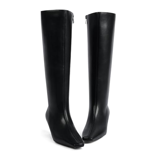 Modatope Knee High Boots for Women Square Toe Kitten Low Heel Tall Boots Faux Leather Fall Boots Side Zipper Long Boot3