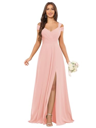 Image of petyoo Off Shoulder Chiffon Bridesmaid Dresses with Slit Long Formal Evening Dress