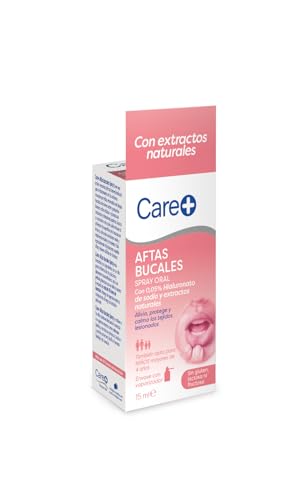 Care+, Spray Alivio Aftas Bucales, Protección 10 Horas, Con Hialuronato de Sodio y Extractos Naturales, Optimo para Llagas e Irritaciones, 15ml