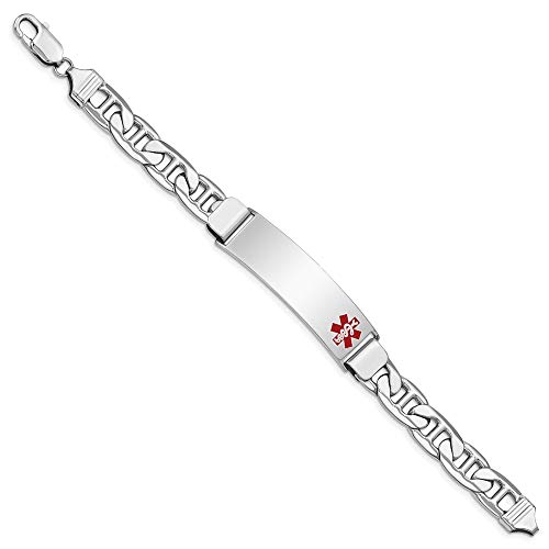 Solid 925 Sterling Silver Enamel RN Registered Nurse Caduceus Symbol Medical ID Emergency Alert Bracelet Anchor Mariner Link Engravable Identification Name Bar Tag - with Secure Lobster Lock Clasp 8\"
