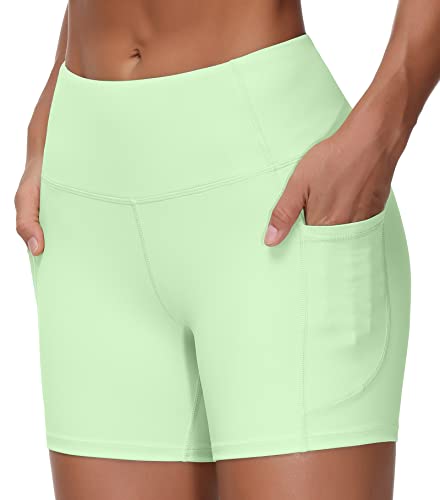 Image of THE GYM PEOPLE High Waist Yoga Shorts for Women's Tummy Control Fitness Athletic Workout Running Shorts with Deep Pockets