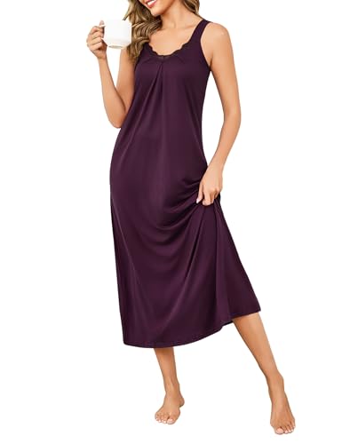 Uniexcosm Nachthemd Damen Ärmelloses Schlafshirt Lang Schlafhemd Spitze V-Ausschnitt Nachtwäsche Sexy rutschfeste Schultergurte Baumwolle Nachtkleid...