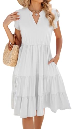 Image of Womens Summer Dress Ruffle Sleeve V Neck Midi Dresses Casual Fit Flowy Tiered Boho Beach Vacation Sundress