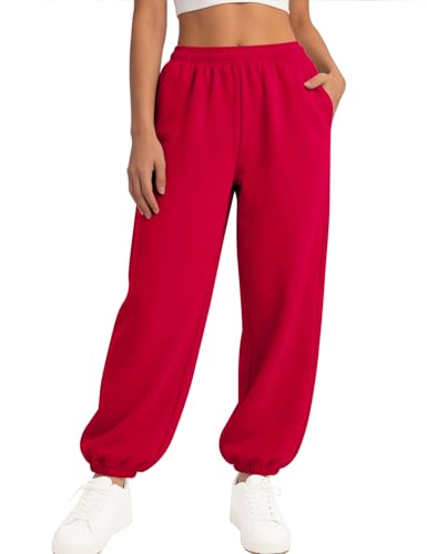 LOMON Sweatpants Women Fleece Joggers Wide Leg Sweat Pants Baggy Gym Workout Sweatpant Winter Spring Inner Drawstring Clothes with Pockets (Red S)