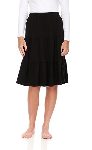 Womens/Teens Ribbed Tiered Midi Skirt with Elastic Waist Knee Length