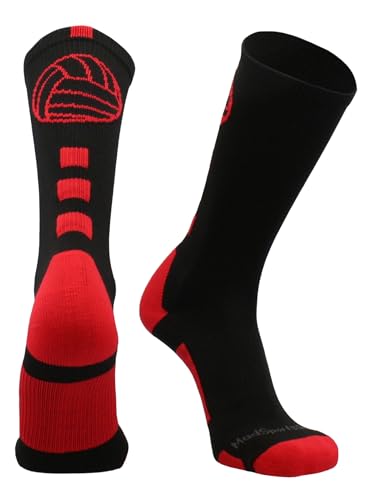 MadSportsStuff Volleyball Logo Crew Socks (Black/Scarlet, Medium)