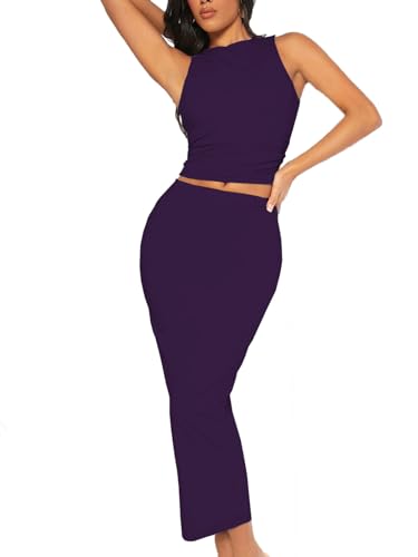 Image of Bdwinz Women's Casual 2 Piece Dress Round Neck Tank Top Bodycon Midi Skirt Dress Set