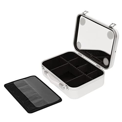 Travel Makeup Case With Led Lighted Mirror 3 Color Setting Makeup Train Case Makeup Bag Organizer Makeup Storage Box With Dividers Cosmetic Bag (White) #TOP7