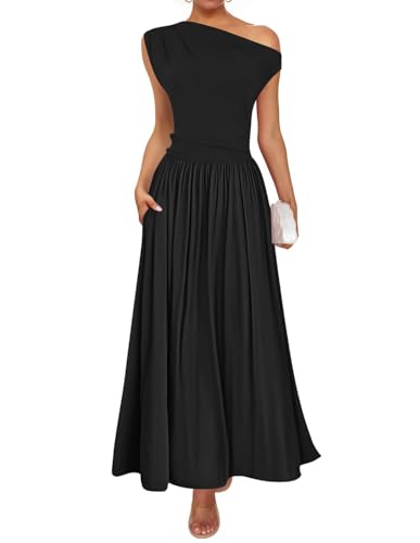 ZESICA Women's Summer 2025 Sleeveless Maxi Dress One Shoulder Casual Slim Swing Pleated Formal Dresses with Pockets