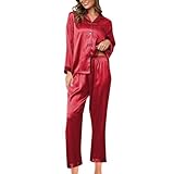 Schlafanzug Damen Schlafanzüge Set Pyjama Hausanzug Modisches Pyjama-Set für Damen, Seidenpyjama, 2-teiliges Satin-Pyjama-Set, langärmelig, Button-Down-Kleid, lässiger mit Hose (RD1, L)