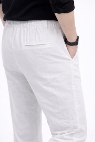 Image of Men's Linen Pants, White, Straight Fit, Elastic Waistband with Drawstring, Casual Trousers