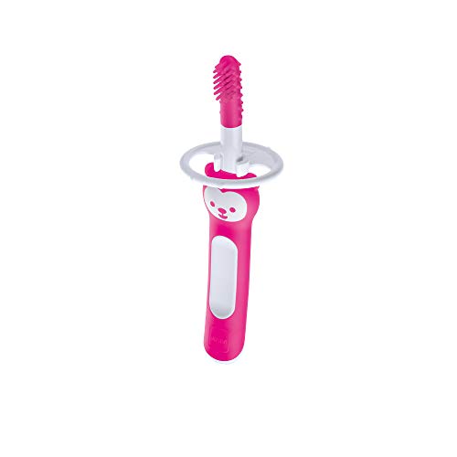 MAM Massaging Baby Toothbrush, Gum Cleaner and Massager with Brushy The Bear Character, Interactive App, for Girls 3+ Months, Pink