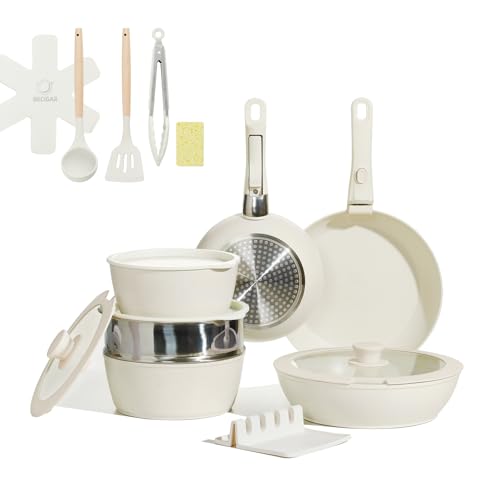 BECIGAR 21pcs Cream White Nonstick Ceramic Pots and Pans Set, Detachable Handle Cookware, Induction Compatible, Oven Safe, Stackable Cookware Set