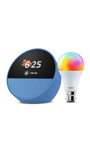 Image of All-new Echo Spot, Smart alarm clock with vibrant sound + Alexa, Blue Smart Home Speaker Combo with Wipro Simple Setup 9W LED Smart Color Bulb