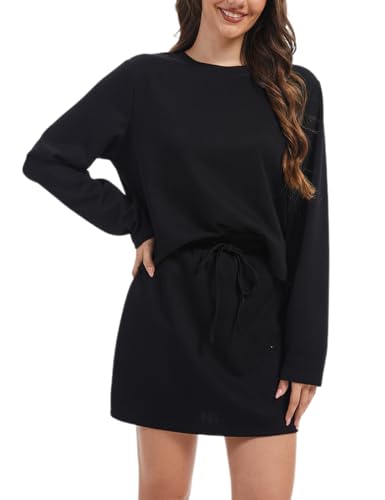 Two Piece Skirt Set for Women Summer Tennis Skirt Crew Neck Long Sleeve Athletic Sport Skort Set(006 B 2XL) Black