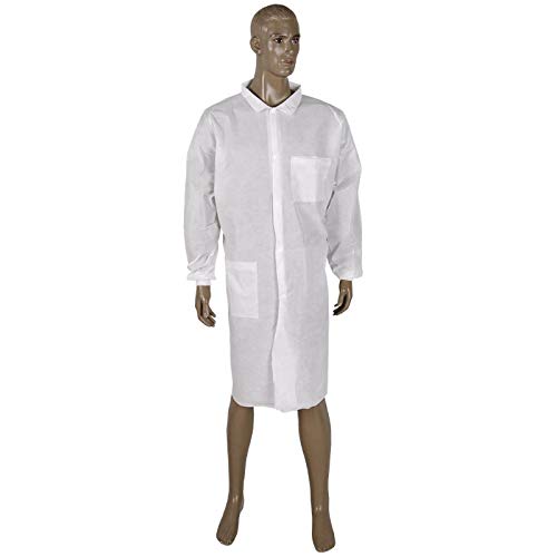 PLUS SANTE - Lot de Surblouses Jetables, Manches Longues, Fermeture à Pression, Imperméables et Résistantes, Polypropylène Non Tissé, Taille Unique (Stratch 25g/m², Blanc)