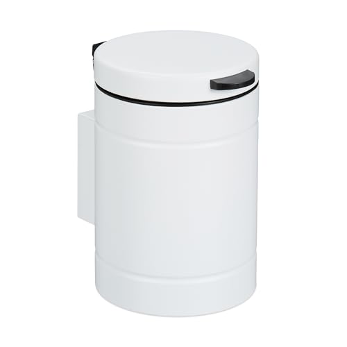 Relaxdays Kosmetikeimer Wandmontage, 3 Liter, Absenkautomatik, Inneneimer, Metall, runder Badezimmer Mülleimer, weiß