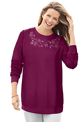 Woman Within Plus Size Crewneck Fleece Sweatshirt - 4X Deep Claret Floral Embroidery