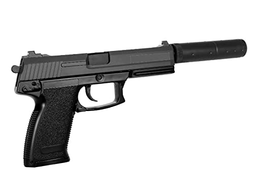 2EAGLE Pistola Airsoft MK23 con silenziatore Finto-Modello a Molla-modalità Fuoco/sparo Manuale-Colore: Nero e Grigio-Potenza 0,5 Joule