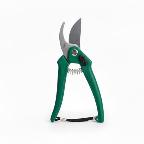 Image of Garden Pruning Shears, Stainless Steel Blades, Green Handle, Spring Loaded with Safety Lock and Wrist Strap