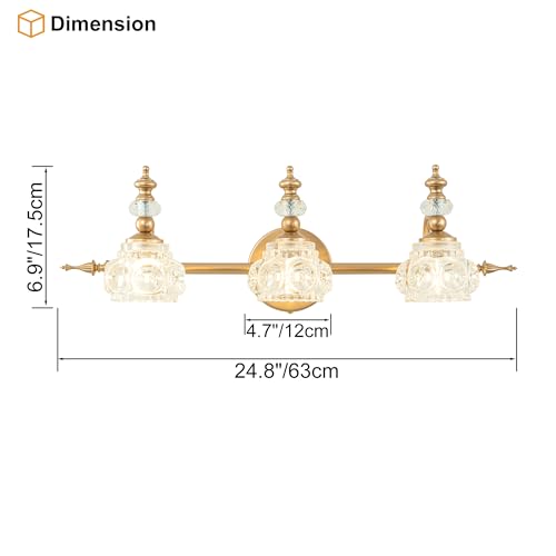 Image of Bathroom Vanity Light Fixtures, Farmhouse Vintage Wall Sconce Lighting with Glass Shade, Bath Vintage Wall Mounted Lamps for Mirror (3 Lights,Gold,G9 Base)