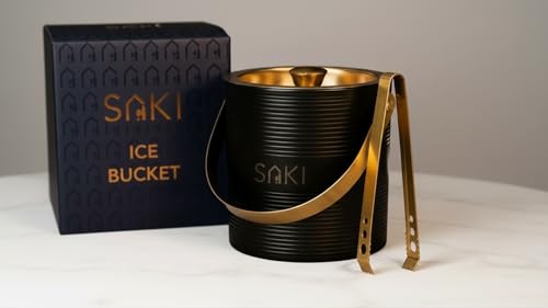Image of SAKI | Black and Gold Ice Bucket with Tong - 1500 ml | Stainless Steel Double Walled Insulated | Ice Bucket for Bar & Home | Ripple Design Ice Bucket | Perfect for Gifting