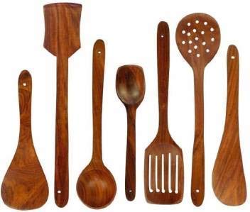 A D TAZZ Wooden Handmade Kitchen Cooking Spatule Non Stick Serving Set of 7,|2 Frying|1 Serving|1 Spatula|1 Chapati Spoon|1 Desert|1 Rice