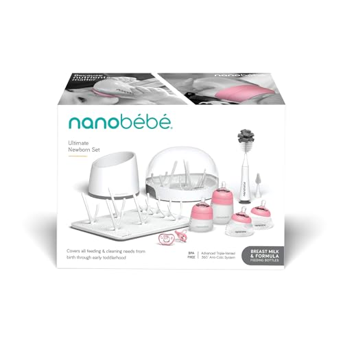 Image of Nanobebe Breastmilk and Silicone Baby Bottle Ultimate Set Gen 2, 5oz and 9oz - with Sterilizer, Drying Rack, Anti-Colic Nipples, Pacifiers, and Warmer - Pink /Grey