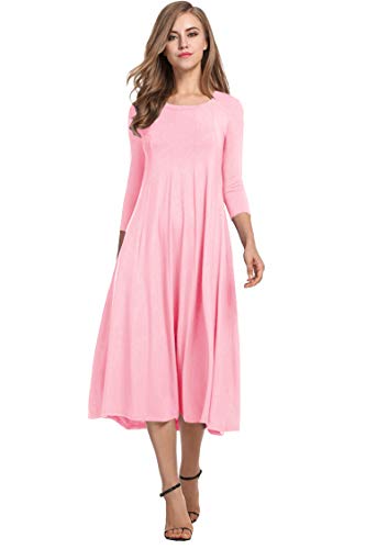 Hotouch Women's 3 4 Sleeve Stripe Elastic Waist Casual Long Dress (Misty Rose XL)