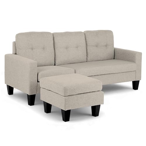 Recopilación de Sofás del mes. 41 Kingshouse Sala Esquinera en L de Madera de Alta Calidad y Durabilidad, con Taburete y Diseño Reversible, Moderna Ideal para Espacios Pequeños, Tapizado Tipo Lino y Cojines...